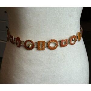 CHICOS~GOLD GEOMETRIC Hammered Enameled ORANGE CHAIN BELT Adjustable